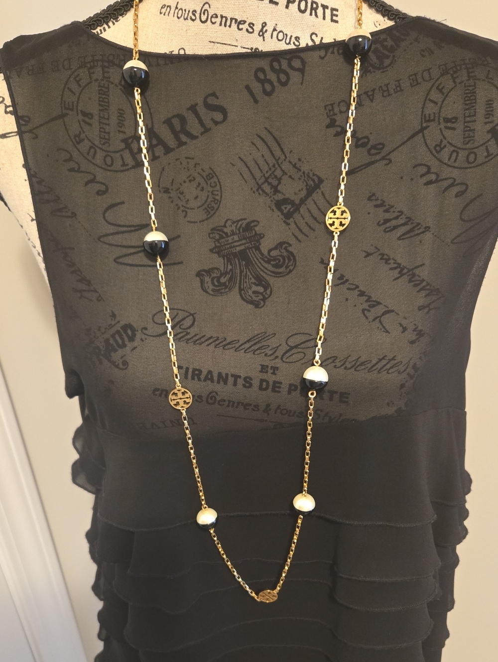 Tory Burch Gold Station Necklace with Black and White Beads